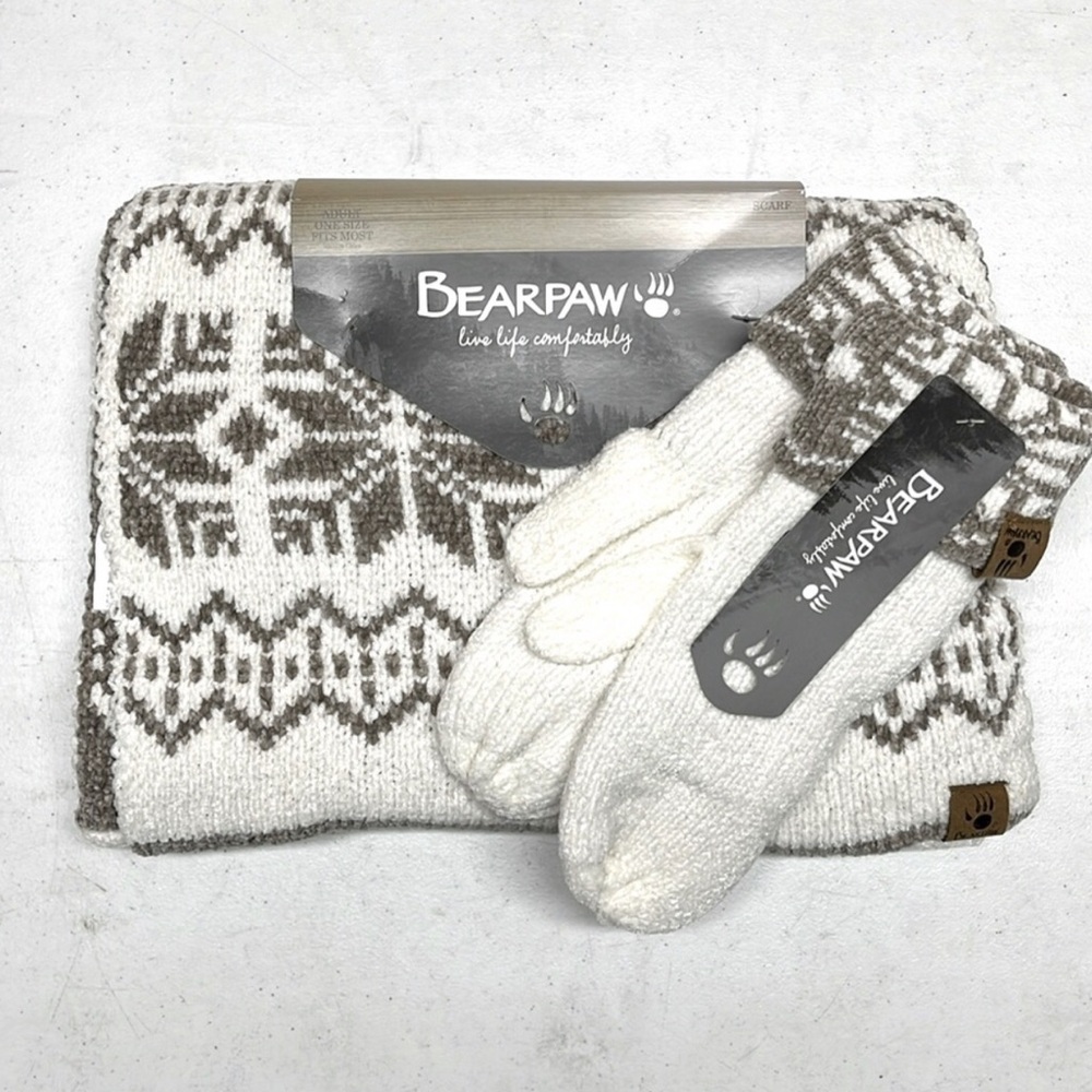 BEARPAW Ivory/Taupe, Scarf & Mitten, Fair Isle Chenille - Picture 2 of 11